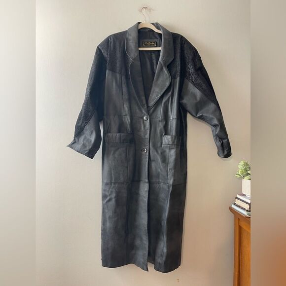 Vintage 90s Ladies Black Leather Trench Coat Full Length Long Large 80s Mob Wife - Picture 1 of 14
